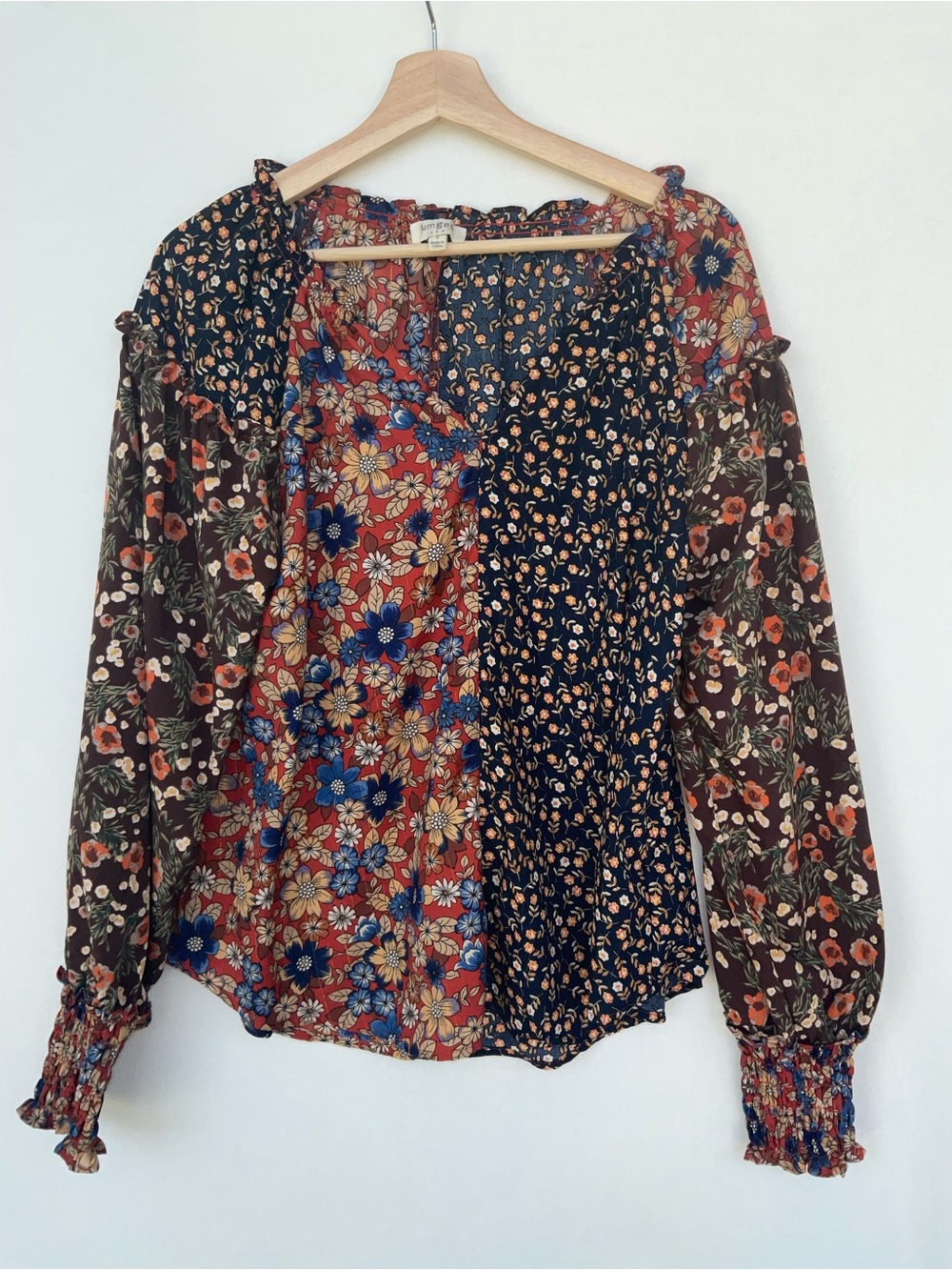 Umgee Multi Floral Patchwork Boho Blouse - Blue, Red, Brown